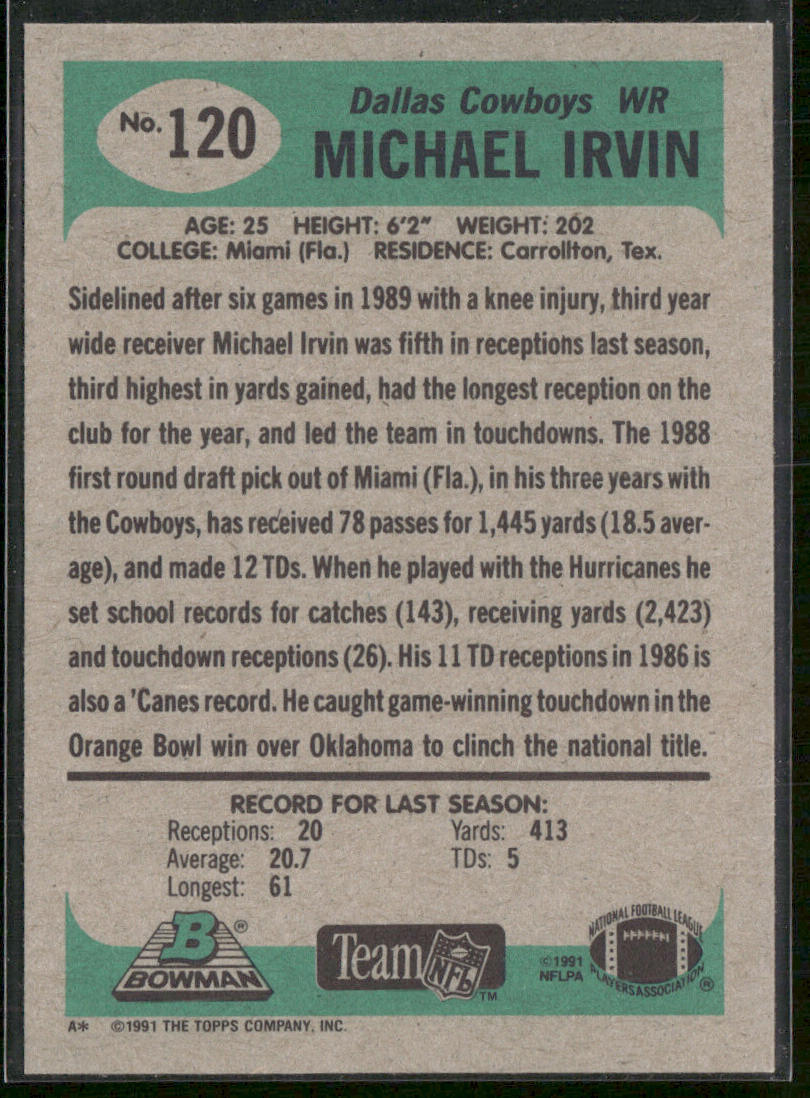 Michael Irvin 1991 Bowman #120 Dallas Cowboys