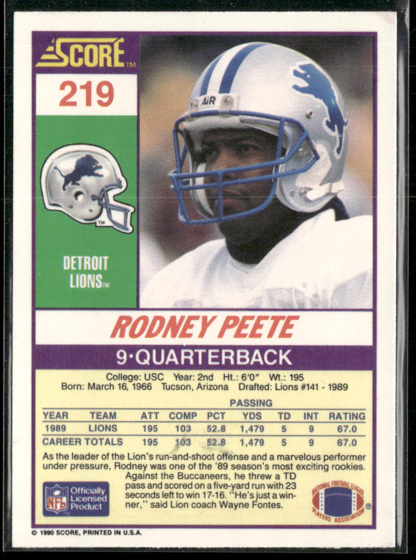 Rodney Peete 1990 Score #219 Detroit Lions