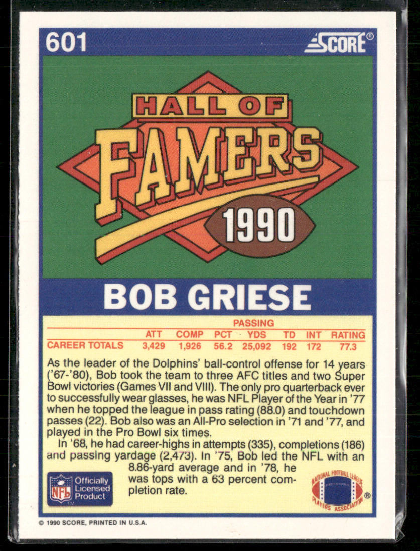 Bob Griese 1990 Score #601 Miami Dolphins