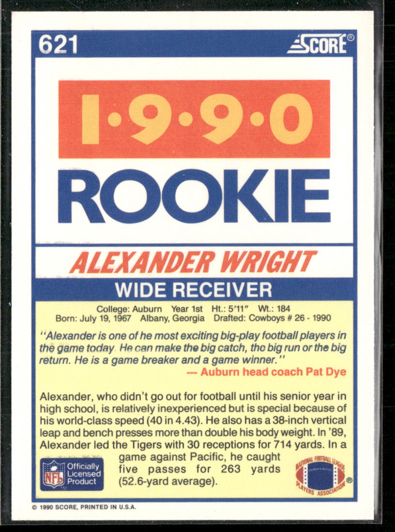 Alexander Wright 1990 Score #621 RC Auburn Tigers