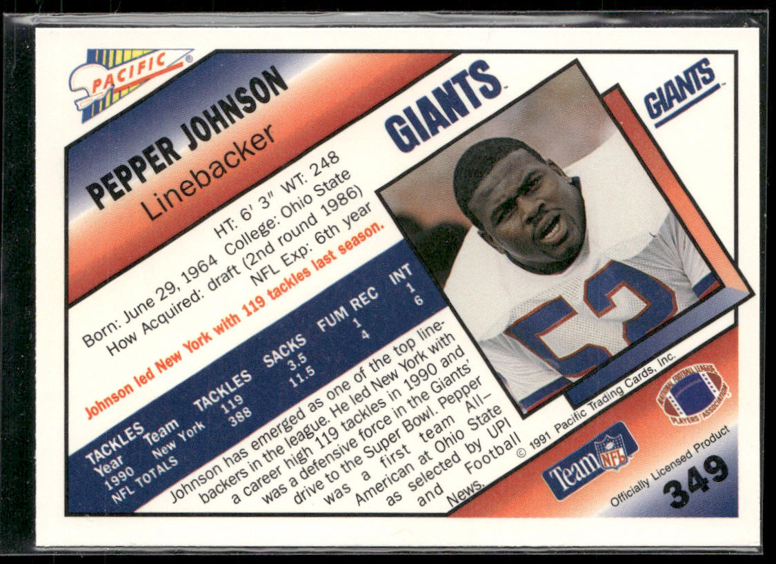 Pepper Johnson 1991 Pacific #349 New York Giants