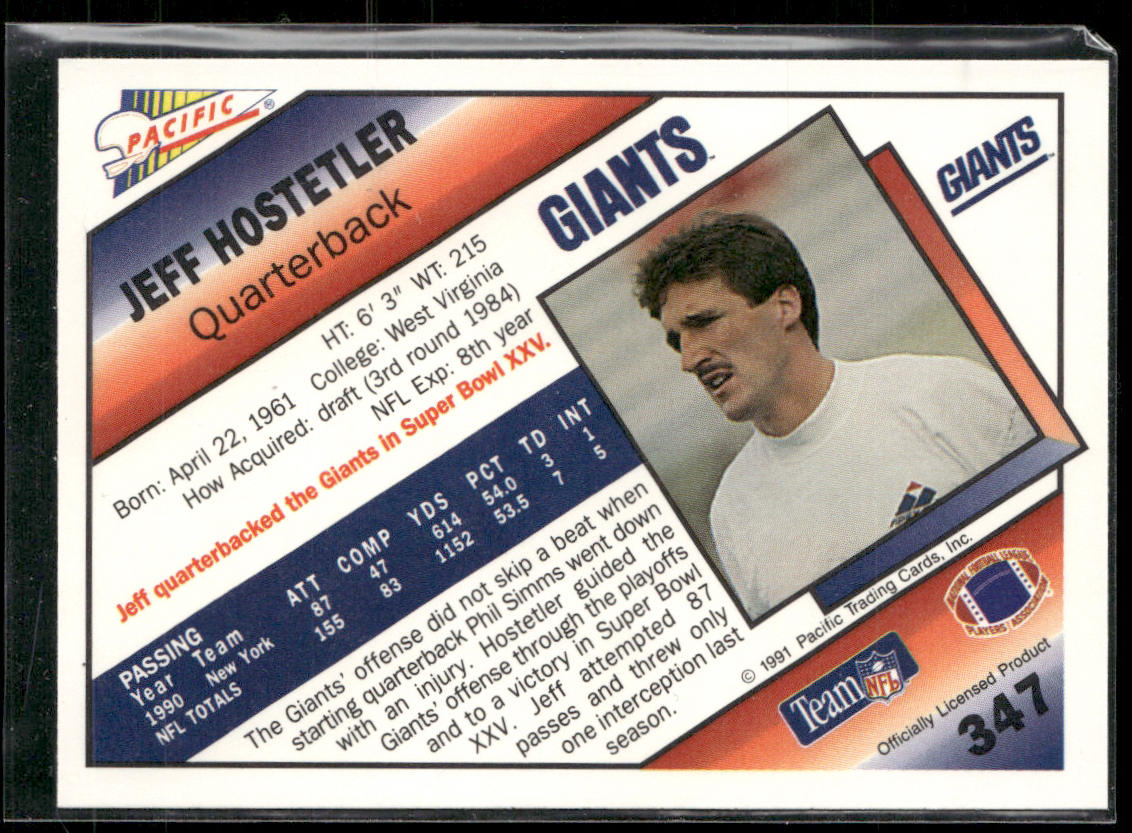 Jeff Hostetler 1991 Pacific #347 New York Giants