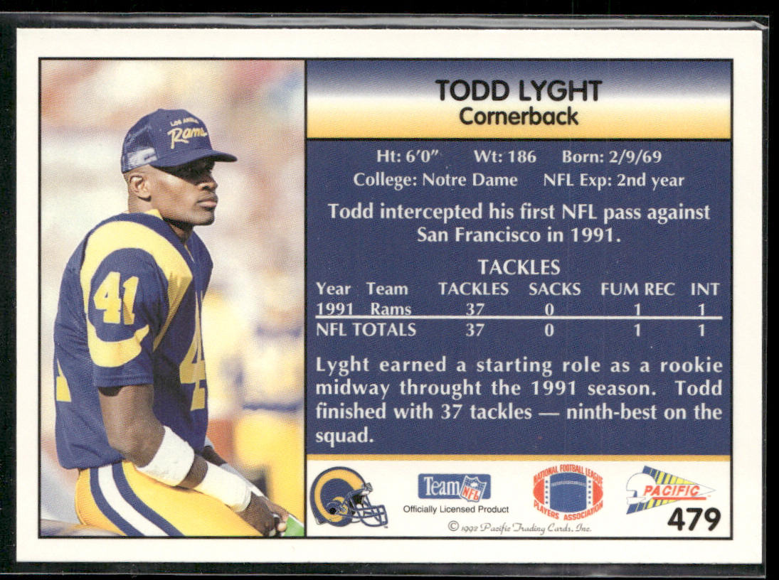 Todd Lyght 1992 Pacific #479 Los Angeles Rams
