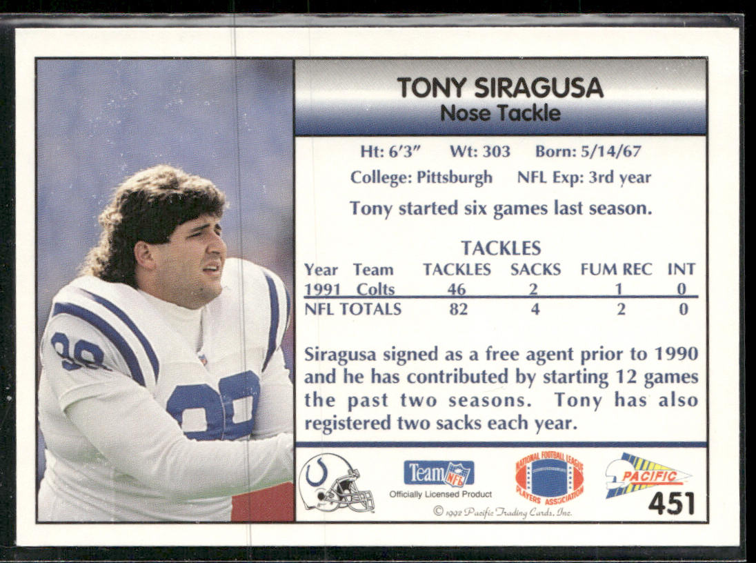 Tony Siragusa 1992 Pacific #451 Indianapolis Colts