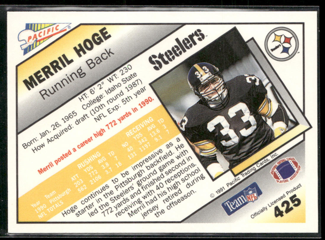 Merril Hoge 1991 Pacific #425 Pittsburgh Steelers