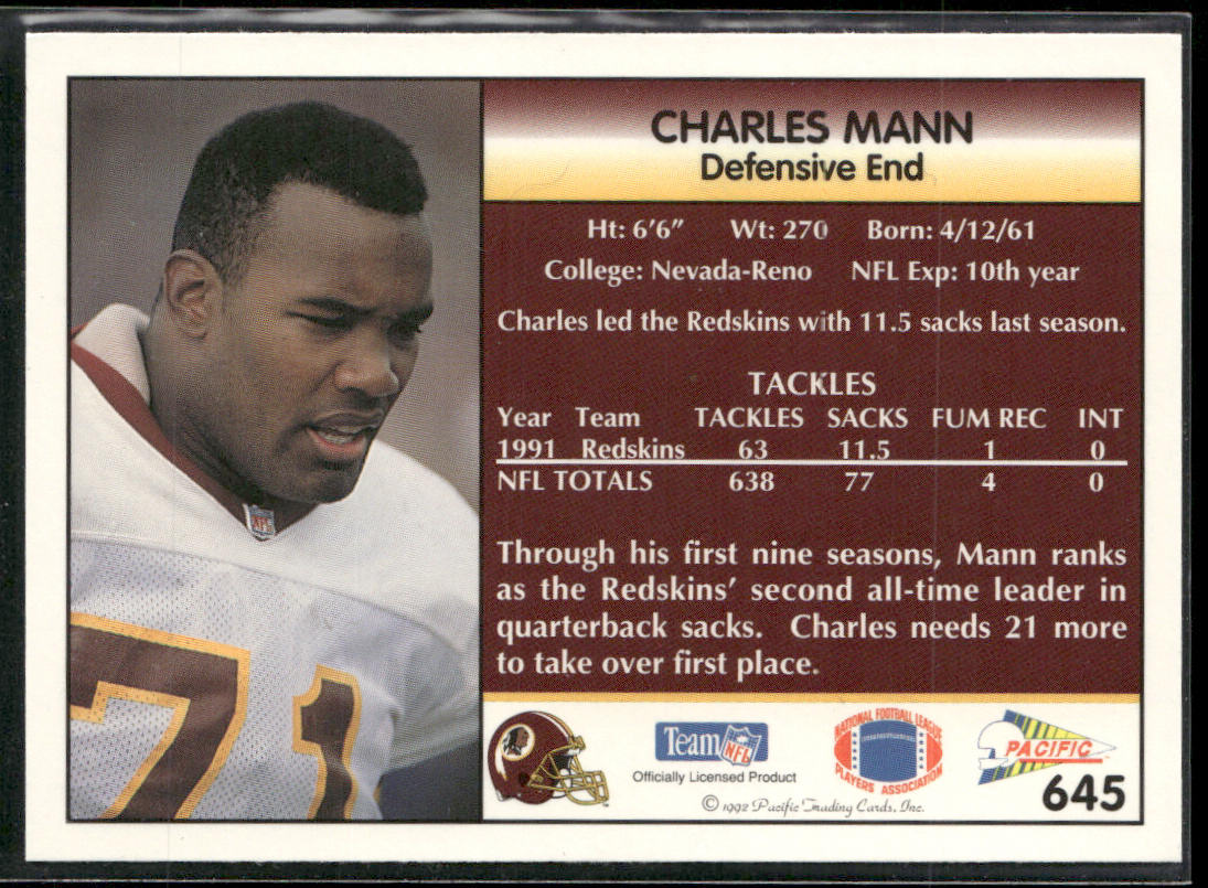 Charles Mann 1992 Pacific #645 Washington Redskins