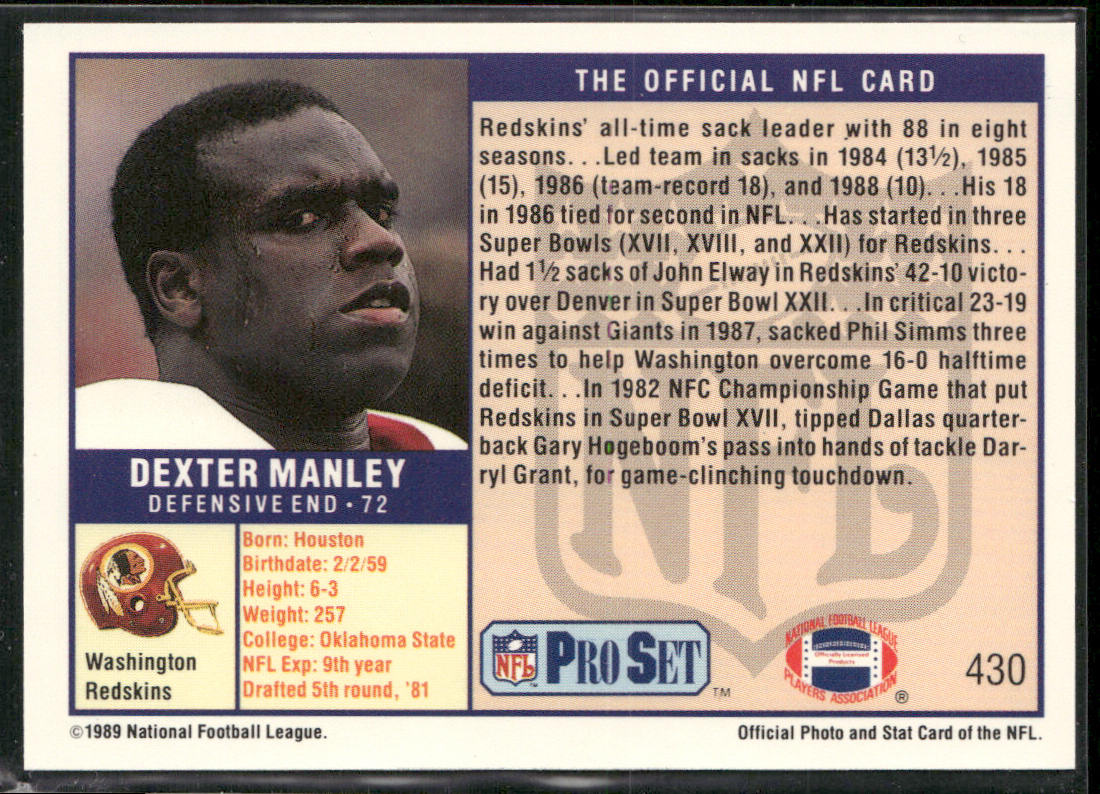 Dexter Manley 1989 Pro Set #430 Washington Redskins