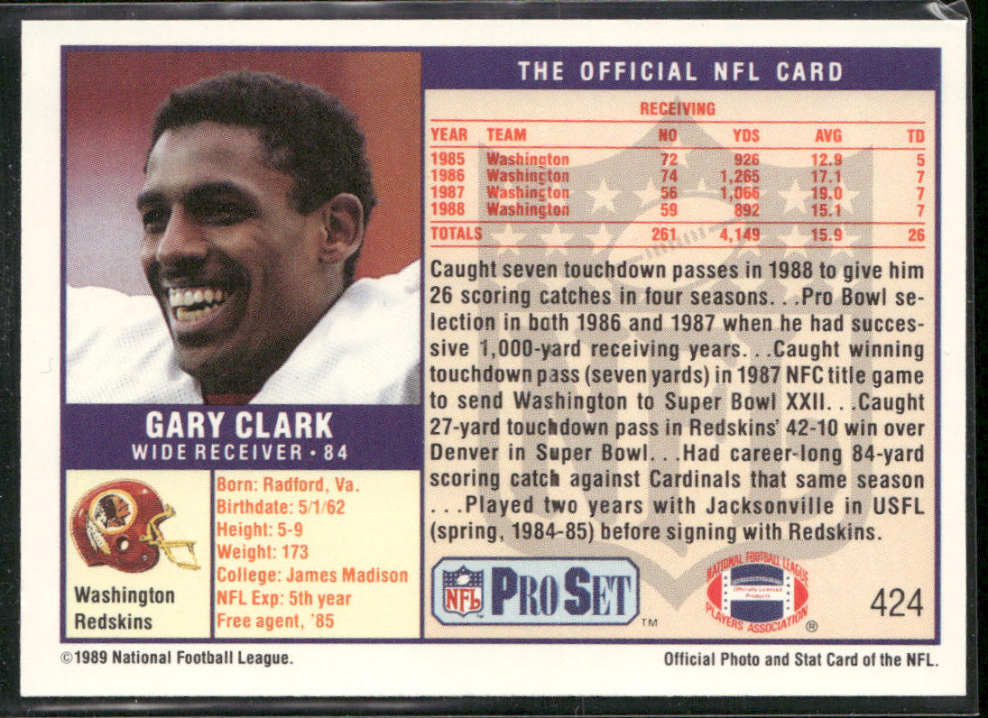 Gary Clark 1989 Pro Set #424 Washington Redskins