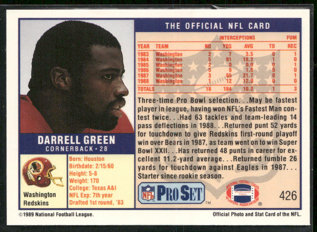 Darrell Green 1989 Pro Set #426 Washington Redskins