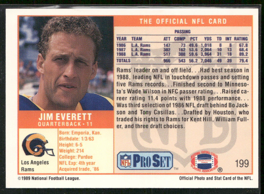 Jim Everett 1989 Pro Set #199 Los Angeles Rams