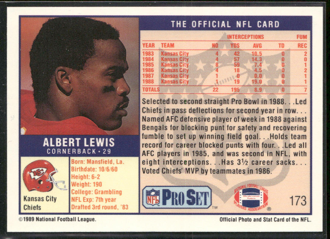Albert Lewis 1989 Pro Set #173 Kansas City Chiefs
