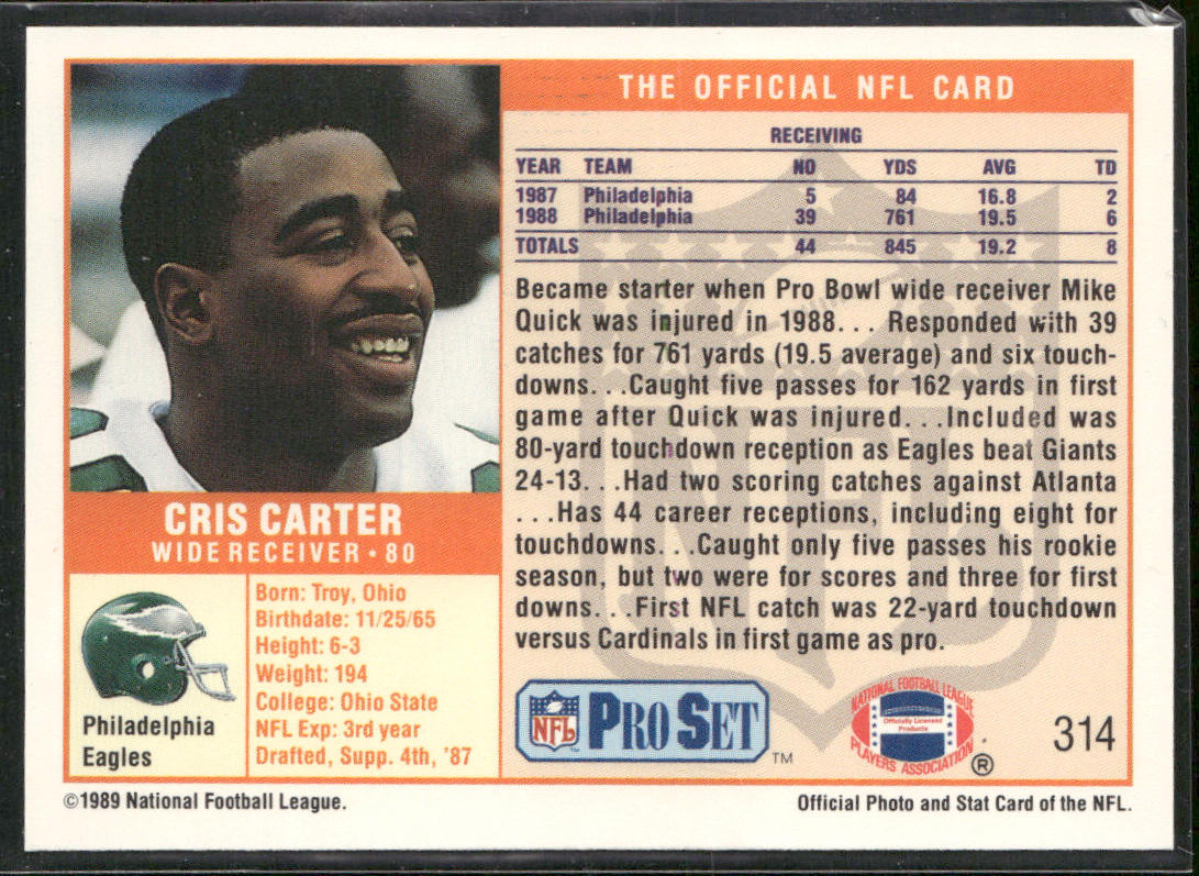 Cris Carter 1989 Pro Set #314 RC Philadelphia Eagles