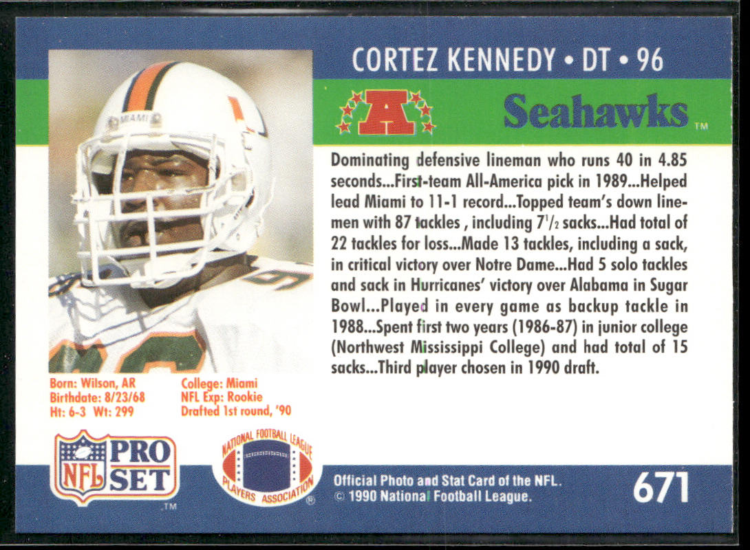 Cortez Kennedy 1990 Pro Set #671 RC Seattle Seahawks
