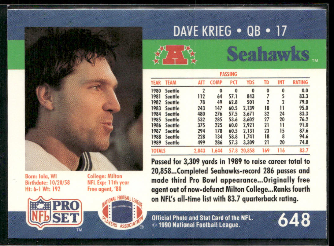 Dave Krieg 1990 Pro Set #648 Seattle Seahawks