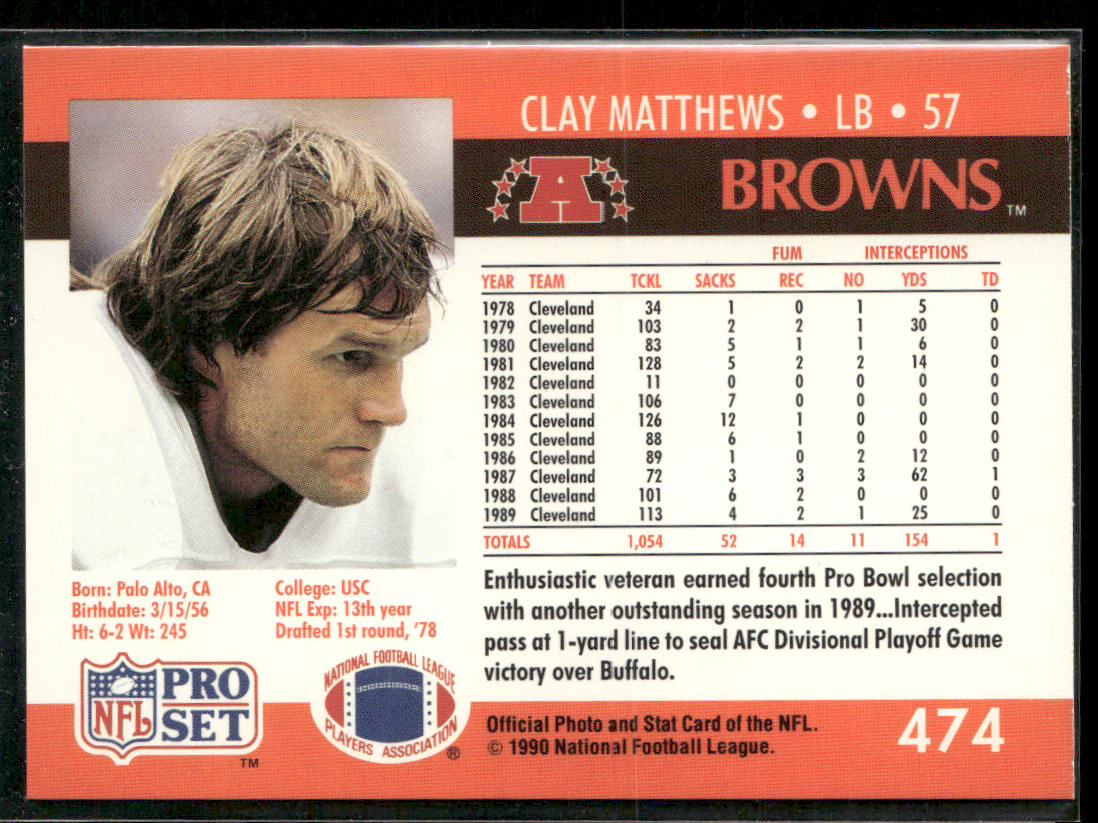 Clay Matthews 1990 Pro Set #474 Cleveland Browns