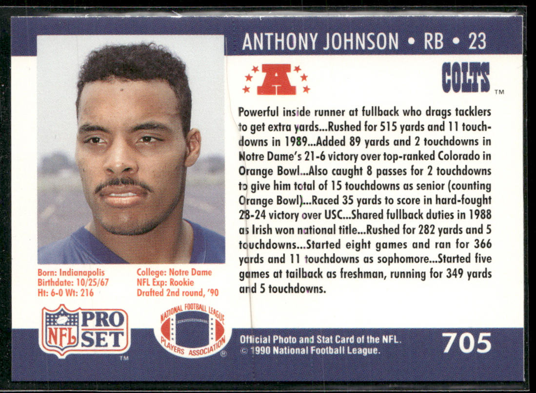 Anthony Johnson 1990 Pro Set #705 RC Indianapolis Colts