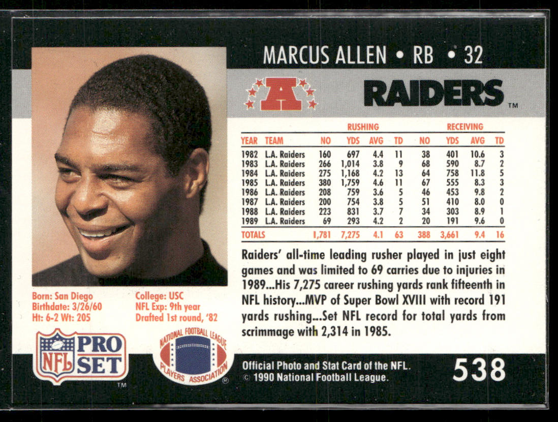 Marcus Allen 1990 Pro Set #538 Los Angeles Raiders