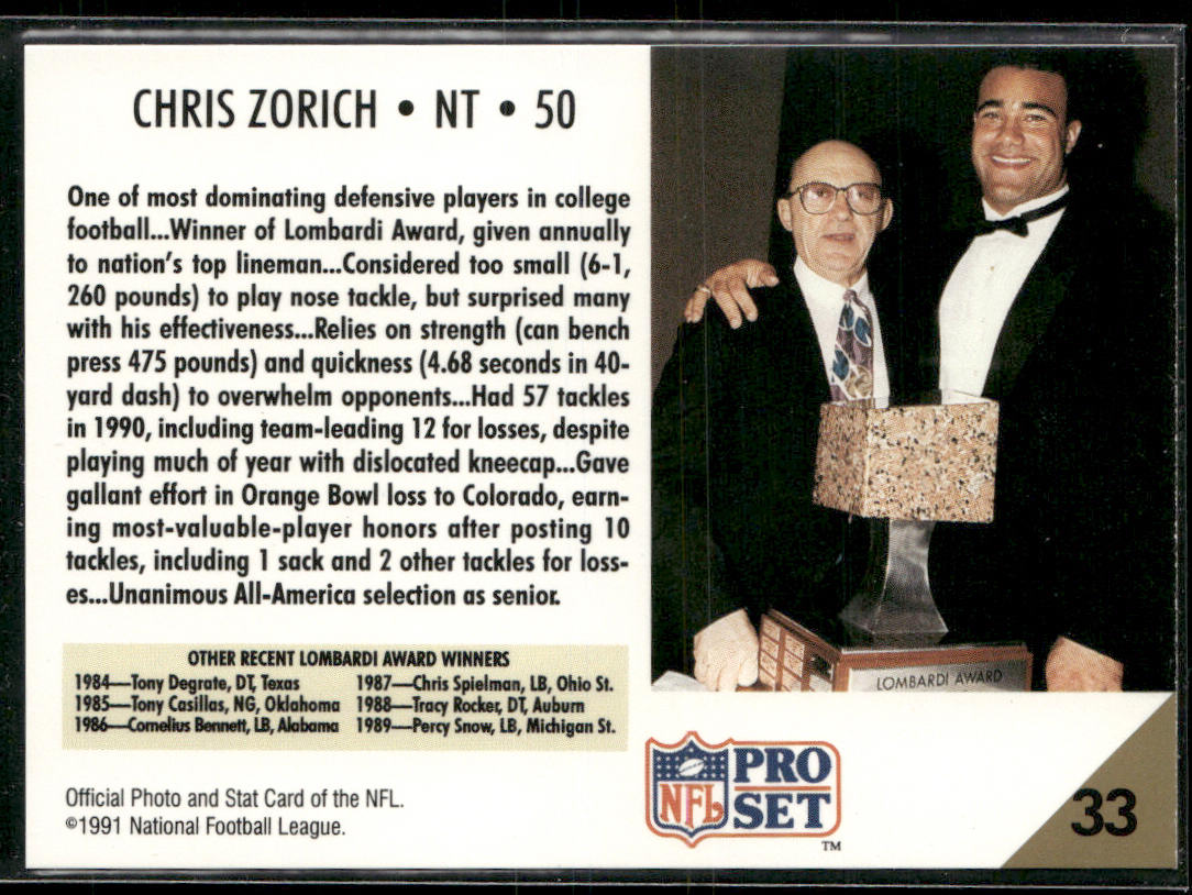 Chris Zorich 1991 Pro Set #33 RC Notre Dame Fighting Irish