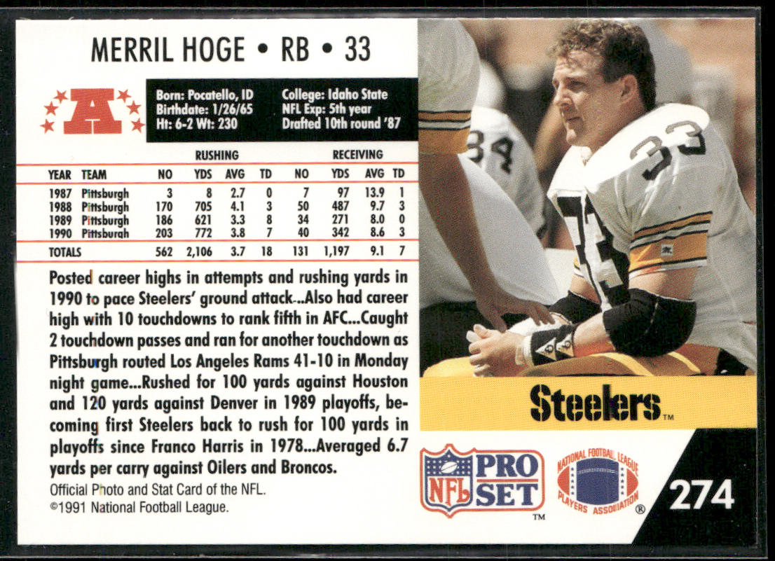 Merril Hoge 1991 Pro Set #274 Pittsburgh Steelers