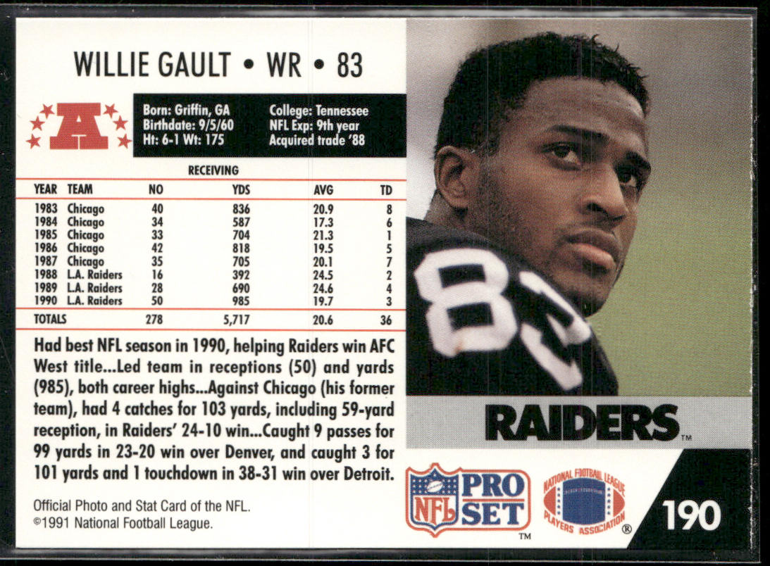 Willie Gault 1991 Pro Set #190 Los Angeles Raiders