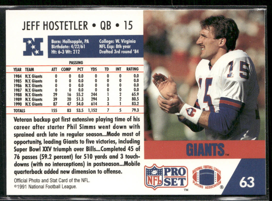 Jeff Hostetler 1991 Pro Set #63 New York Giants