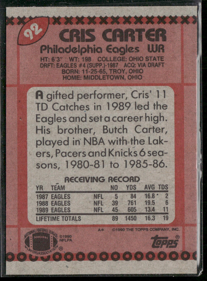 Cris Carter 1990 Topps #92 Philadelphia Eagles