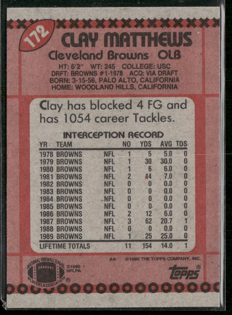 Clay Matthews 1990 Topps #172 Cleveland Browns