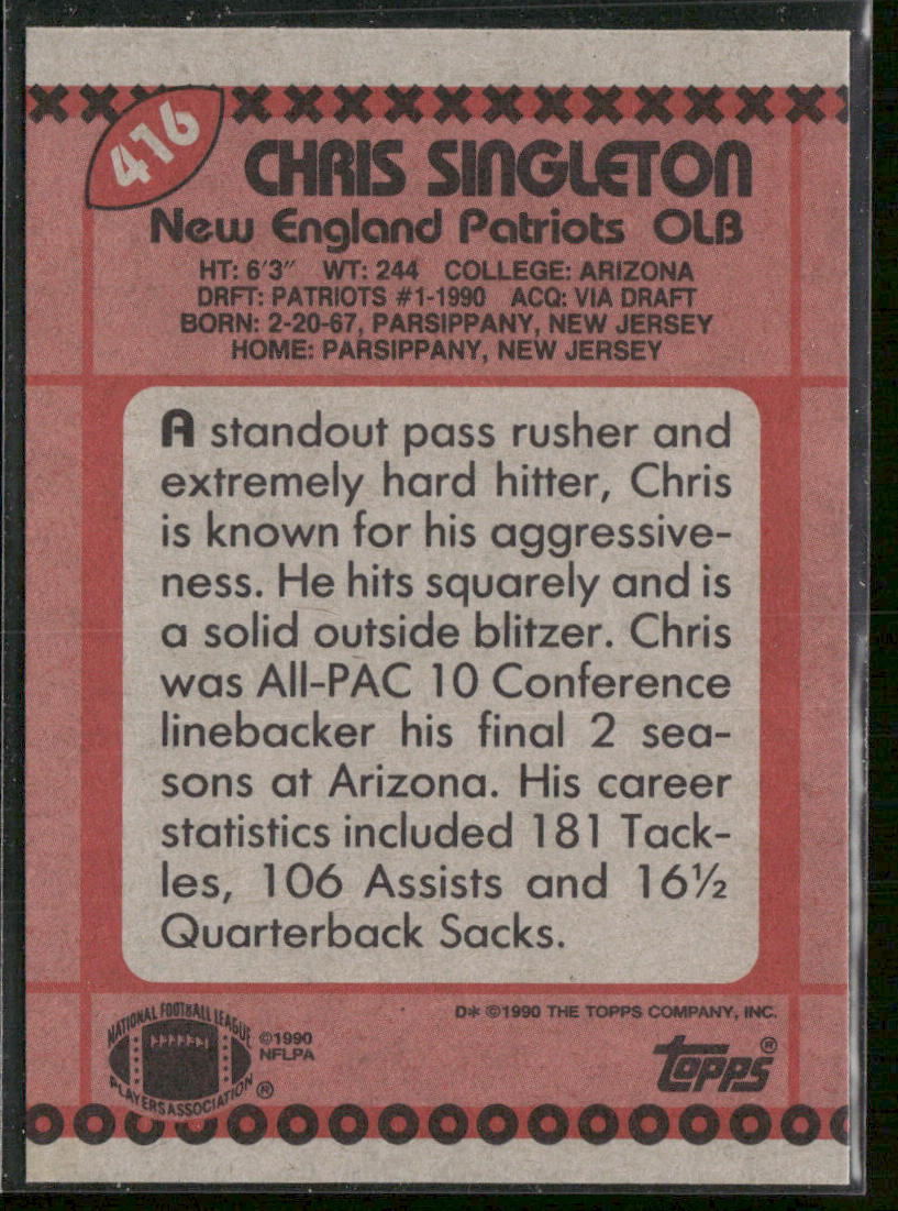 Chris Singleton 1990 Topps #416b RC New England Patriots