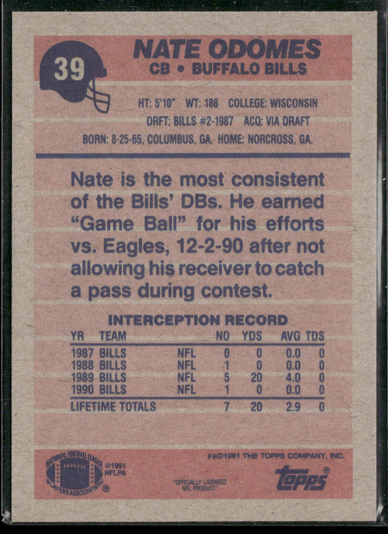 Nate Odomes 1991 Topps #39b Buffalo Bills
