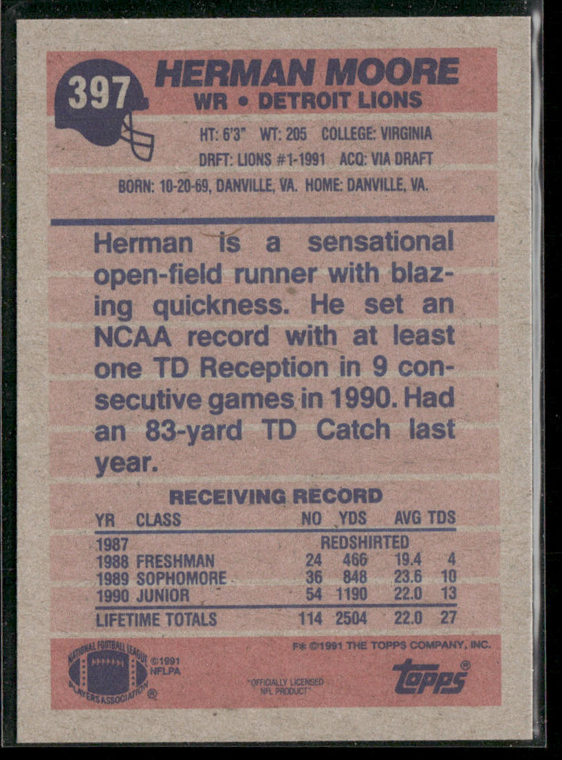 Herman Moore 1991 Topps #397b RC Detroit Lions