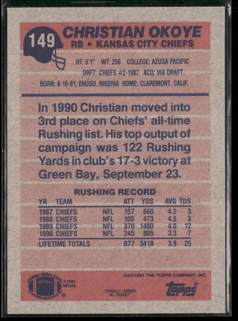 Christian Okoye 1991 Topps #149 Kansas City Chiefs