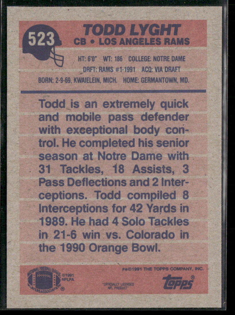 Todd Lyght 1991 Topps #523b RC Los Angeles Rams