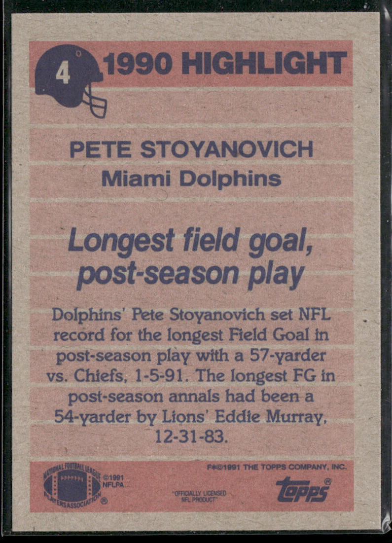 Pete Stoyanovich 1991 Topps #4b Miami Dolphins