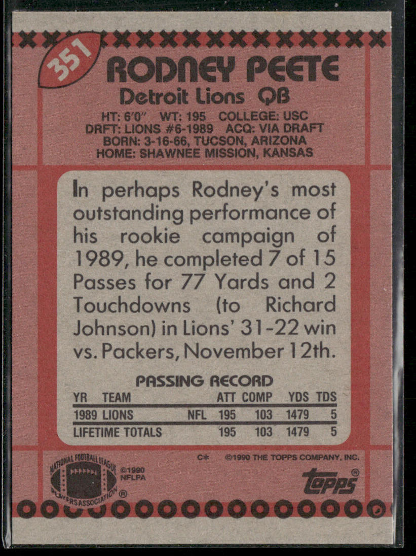 Rodney Peete 1990 Topps #351 Detroit Lions