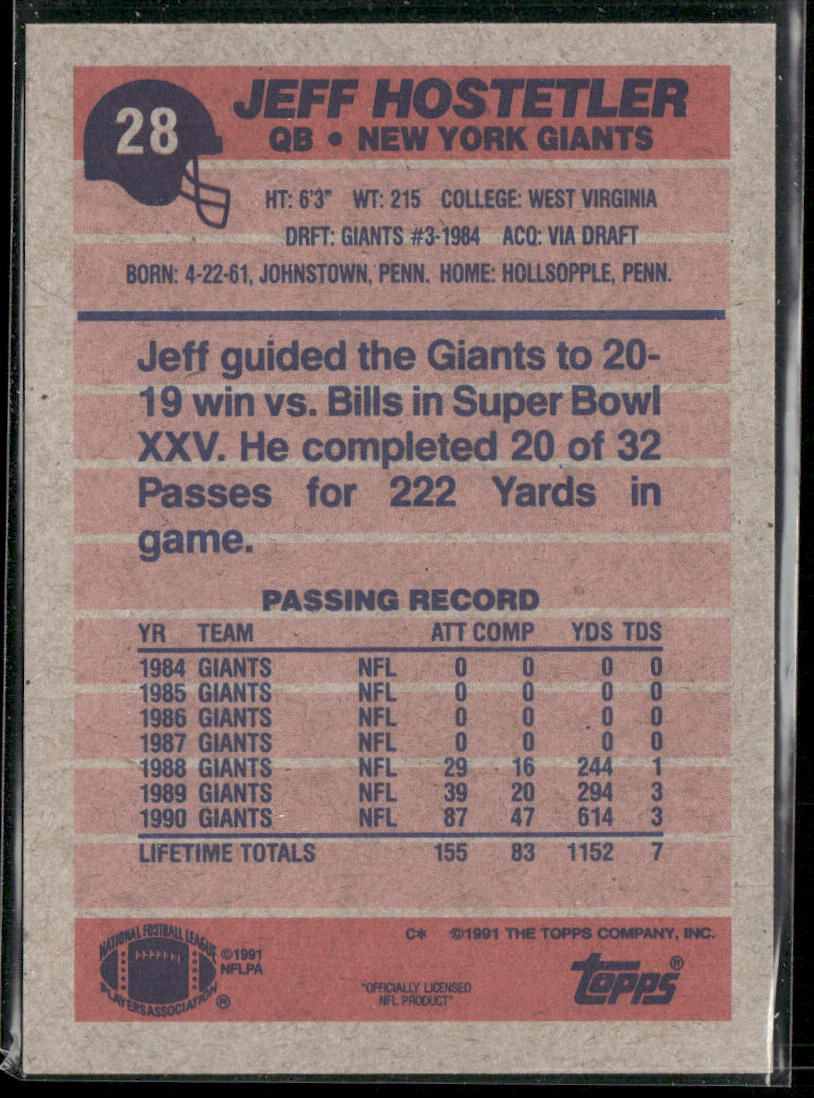 Jeff Hostetler 1991 Topps #28 New York Giants