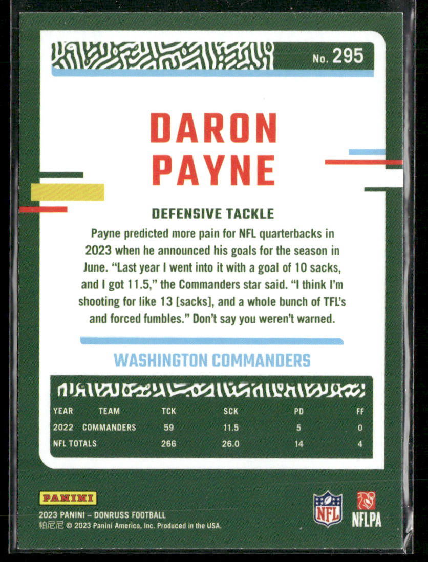 Daron Payne 2023 Donruss #295 Washington Commanders