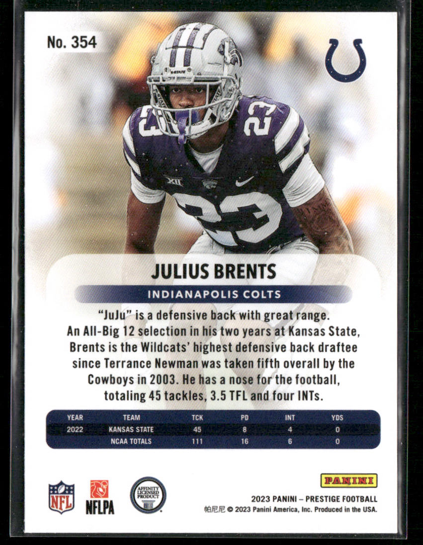 Julius Brents 2023 Panini Prestige #354 RC Indianapolis Colts