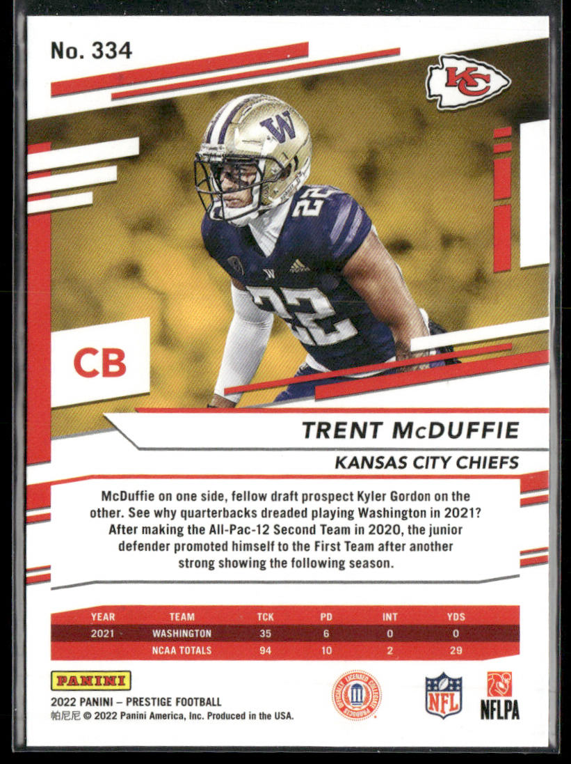 Trent McDuffie 2022 Panini Prestige #334 RC Kansas City Chiefs