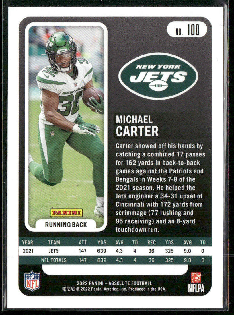 Michael Carter 2022 Panini Absolute Retail #100 New York Jets