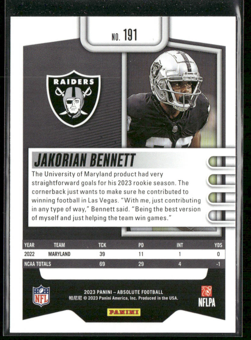 Jakorian Bennett 2023 Panini Absolute Retail #191 RC Las Vegas Raiders