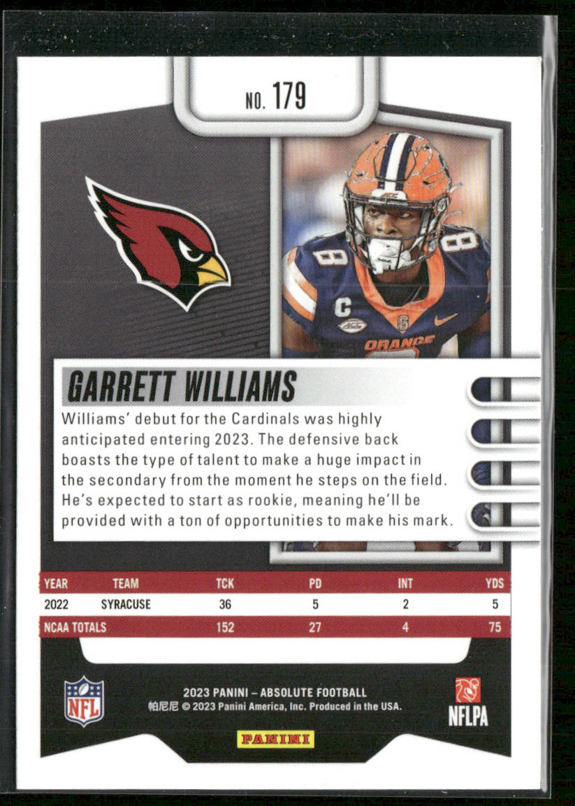 Garrett Williams 2023 Panini Absolute Retail #179 RC Arizona Cardinals