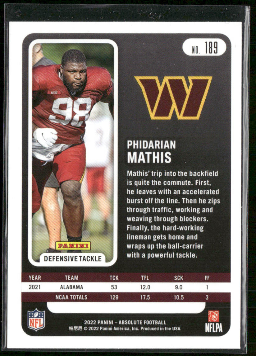 Phidarian Mathis 2022 Panini Absolute Retail #189 RC Washington Commanders