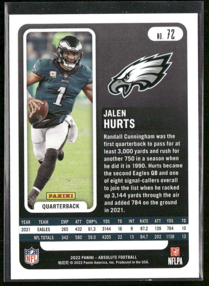 Jalen Hurts 2022 Panini Absolute Retail #72 Philadelphia Eagles