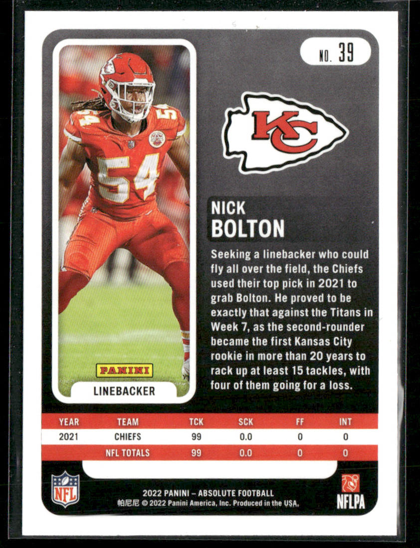 Nick Bolton 2022 Panini Absolute #39 Kansas City Chiefs