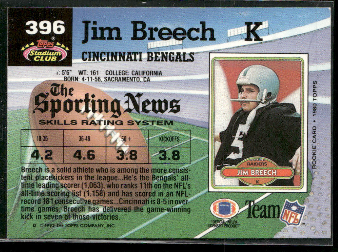 Jim Breech 1992 Stadium Club #396 Cincinnati Bengals