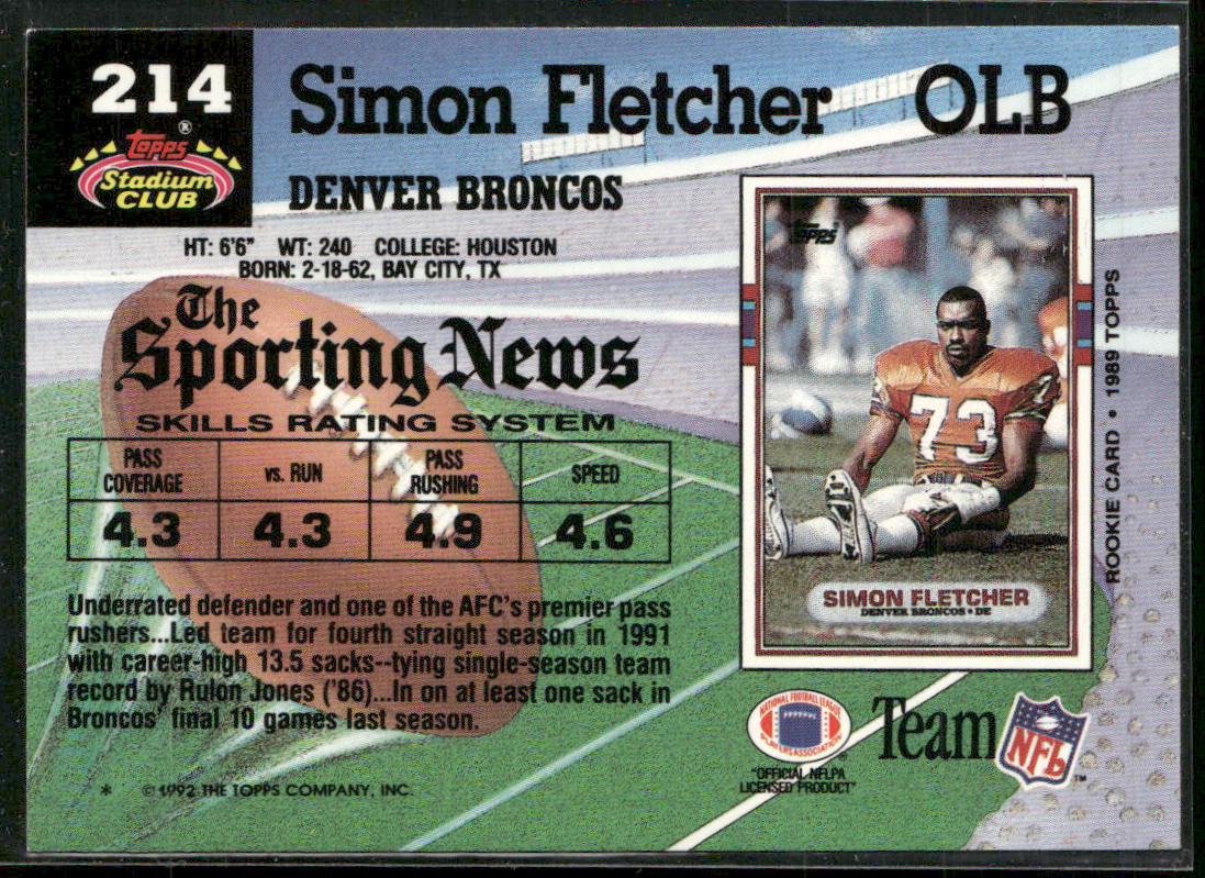 Simon Fletcher 1992 Stadium Club #214 Denver Broncos