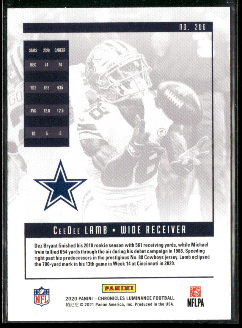 CeeDee Lamb 2020 Panini Chronicles Luminance Update Rookies #206 Dallas Cowboys
