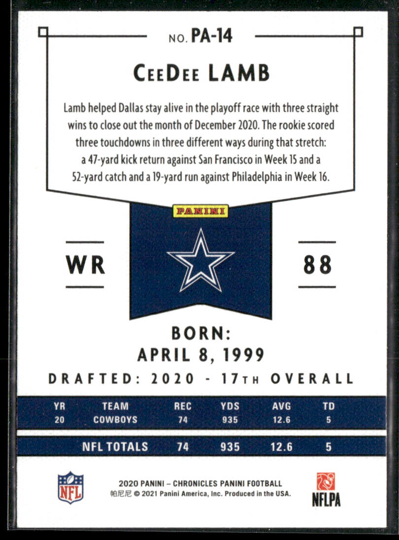 CeeDee Lamb 2020 Panini Chronicles Panini #PA-14 Dallas Cowboys