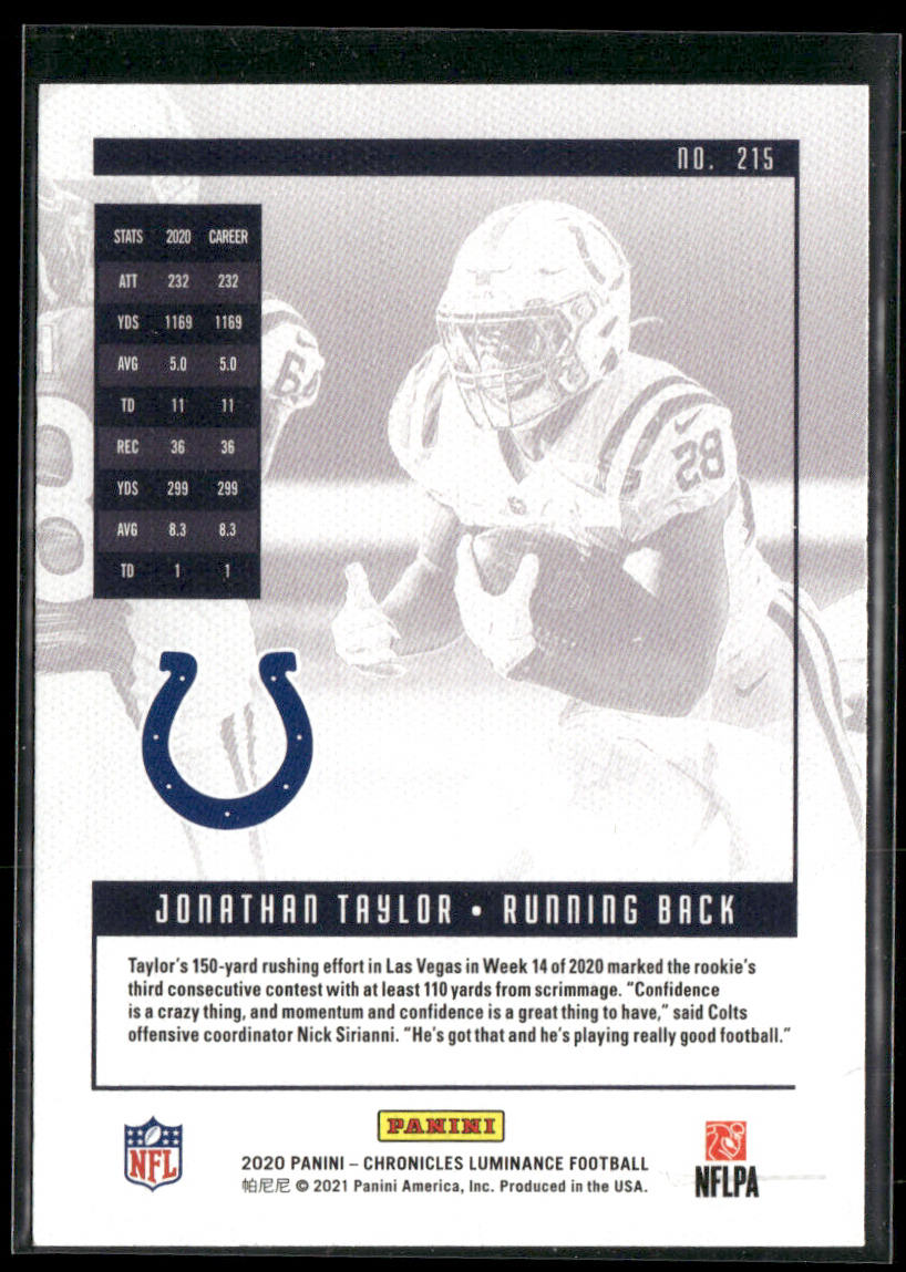 Jonathan Taylor 2020 Panini Chronicles Luminance Update Rookies #215 Colts