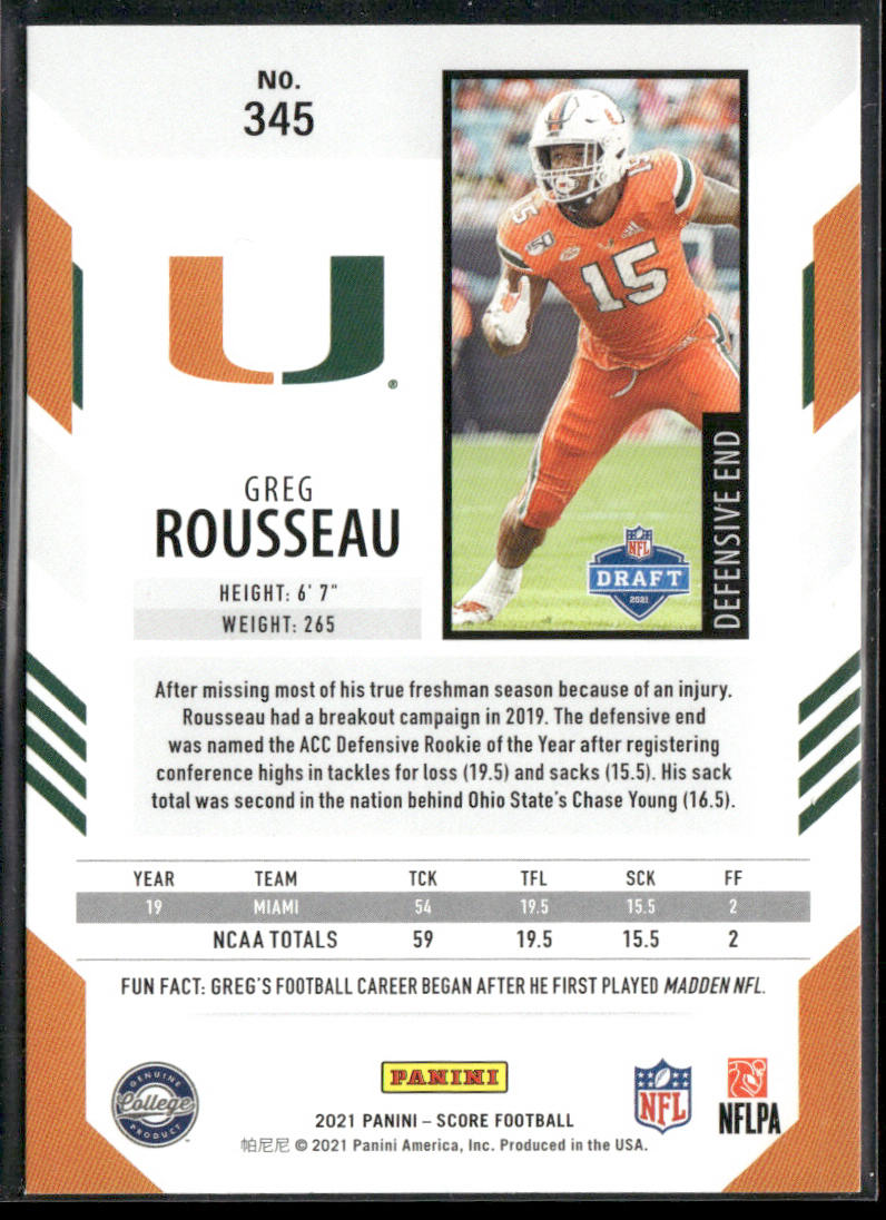 Greg Rousseau 2021 Score #345 RC Miami Hurricanes